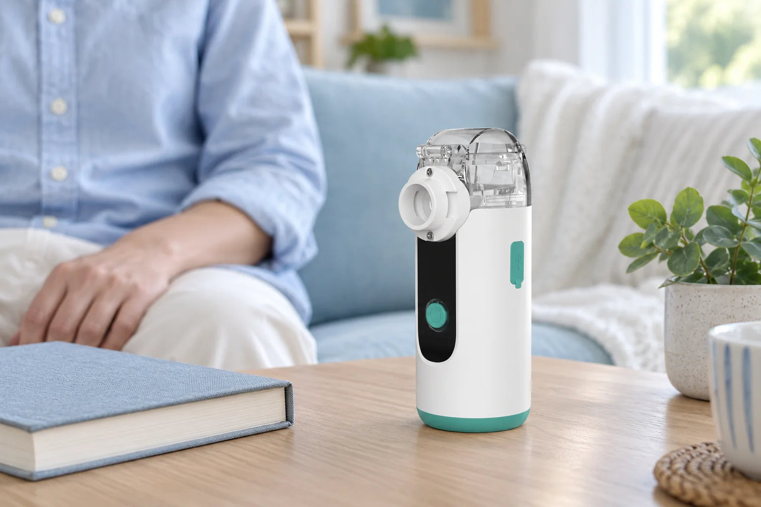 A reference nebulizer on a side table in a light-filled living room