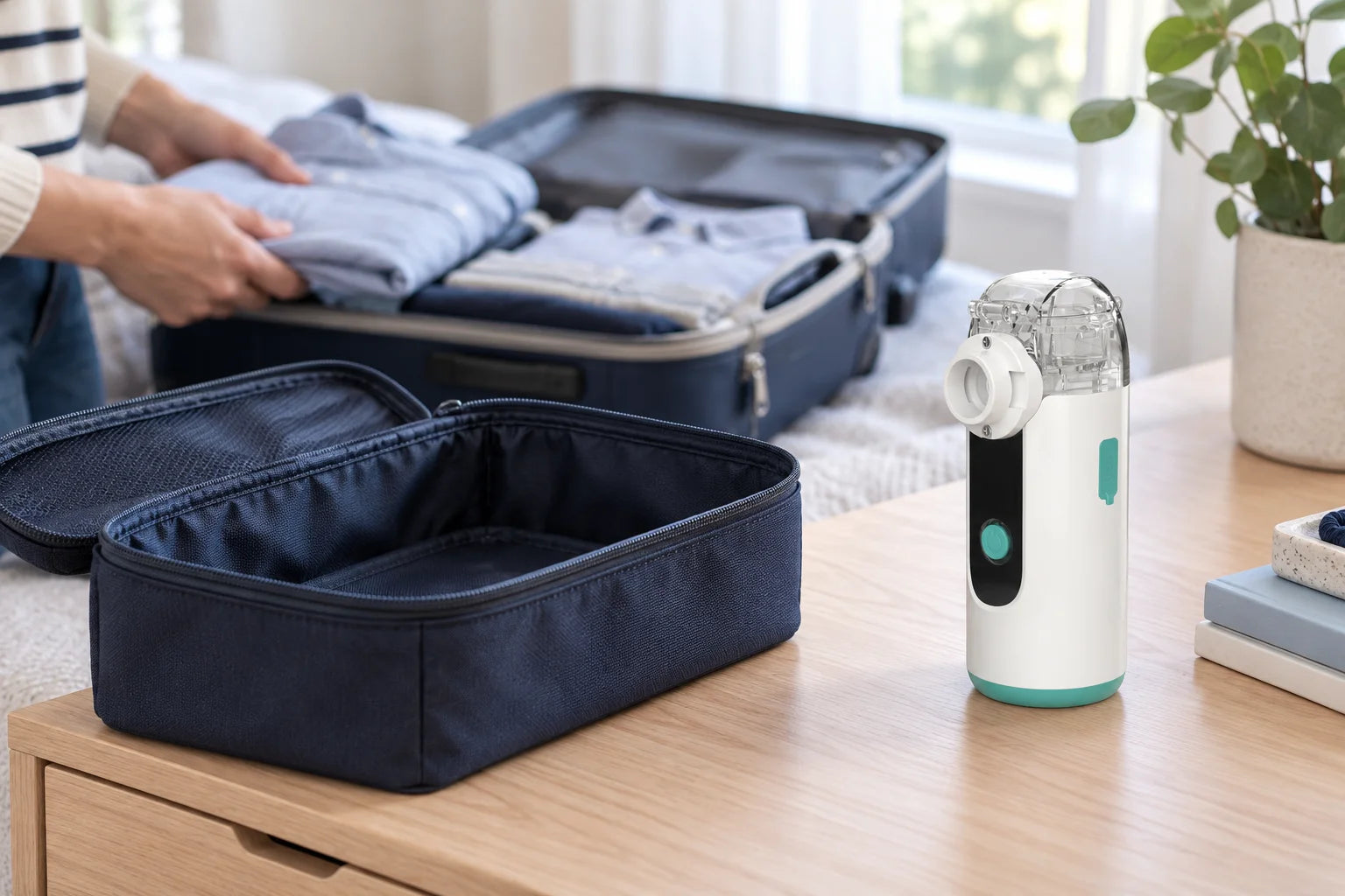AI-composed scene of the rechargeable reference device beside travel packing props