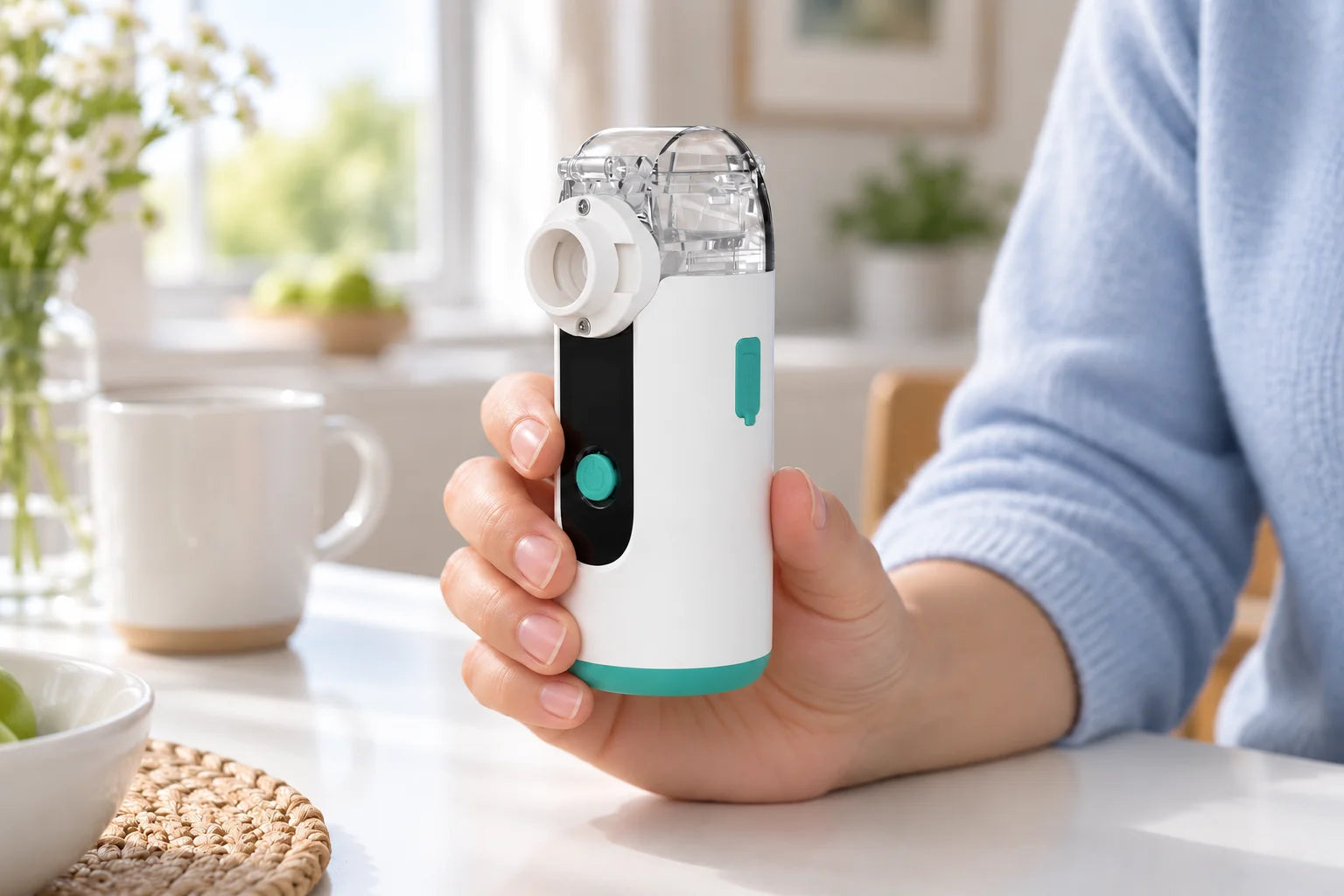Reference device held in a hand, AI-composed scene